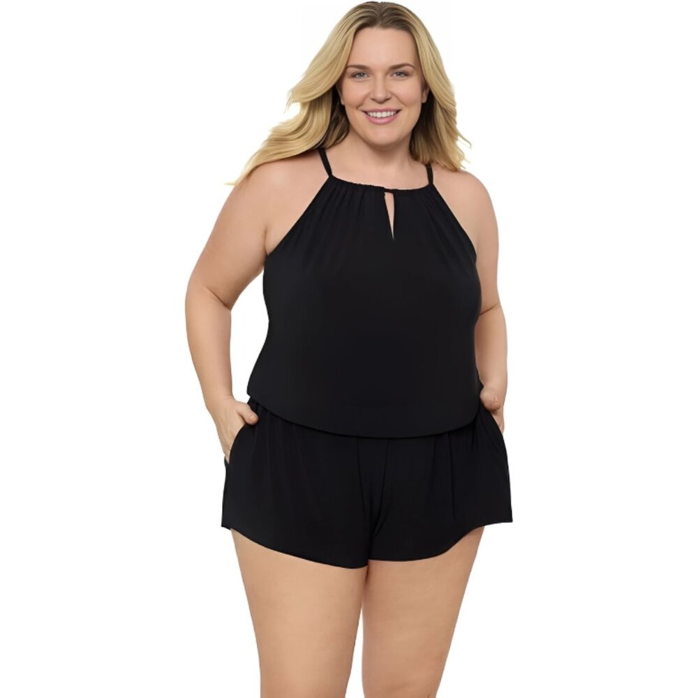 Aqua Green Women's Keyhole Blouson Slimming Swim Romper with Pockets-16W